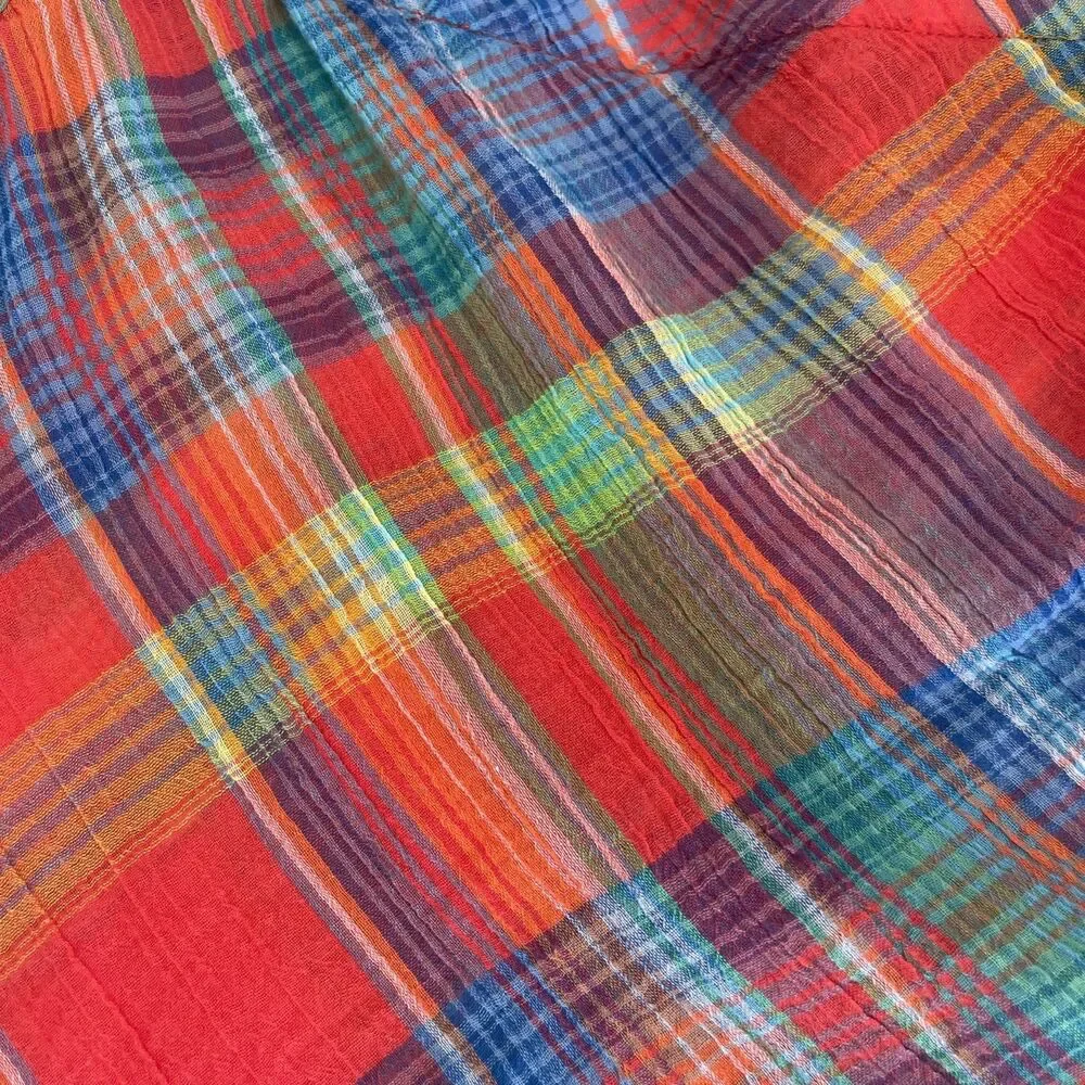 $80 LAUREN Ralph Lauren Plaid Madras  Crinkle Cotton Off Shoulder Top L - Picture 9 of 9